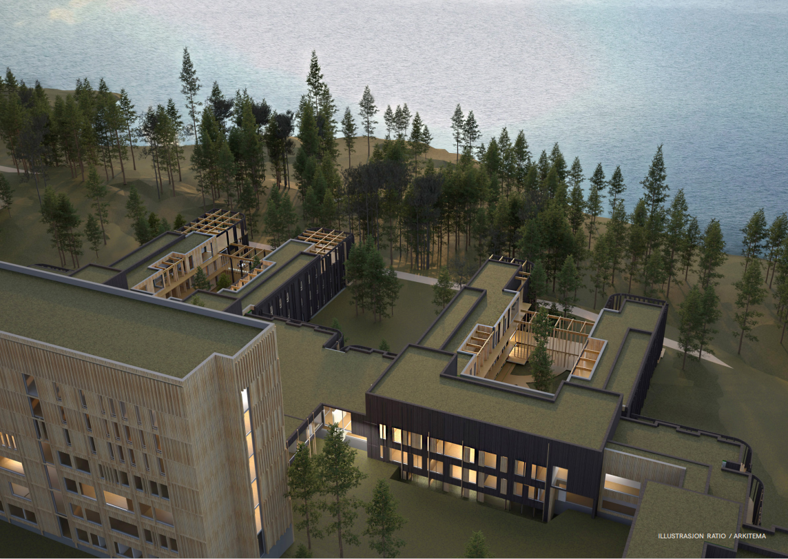 Skisse over Mjøssykehuset med Mjøsa i bakgrunnen, illustrasjon