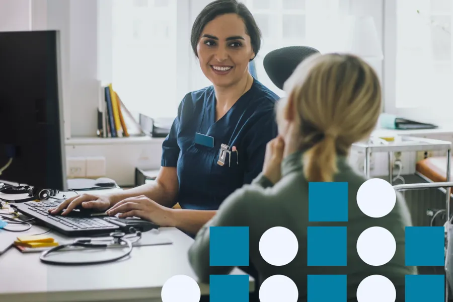 Bilde av helsepersonell og pasient, med teksten "Pasienters rettigheter ved deling av helseopplysninger" og Helsedirektoratets logo.