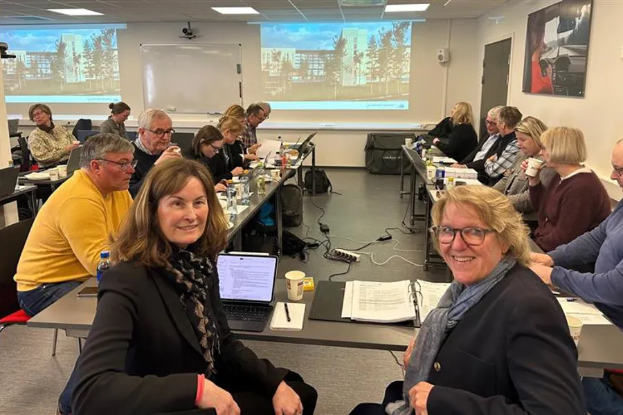 Styreleder og administrerende direktør med resten av styret rundt et bord i bakgrunnen.