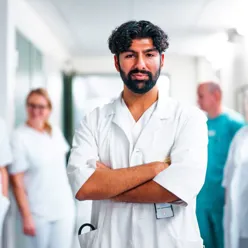 En mann med skjegg og hvit laboratoriefrakk