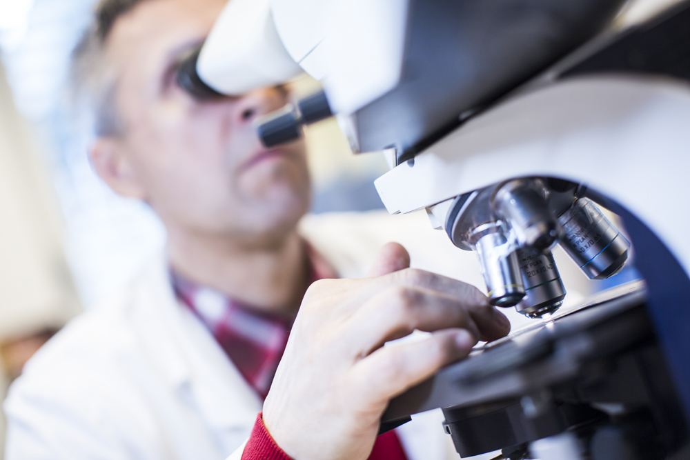 En lege som ser gjennom et mikroskop