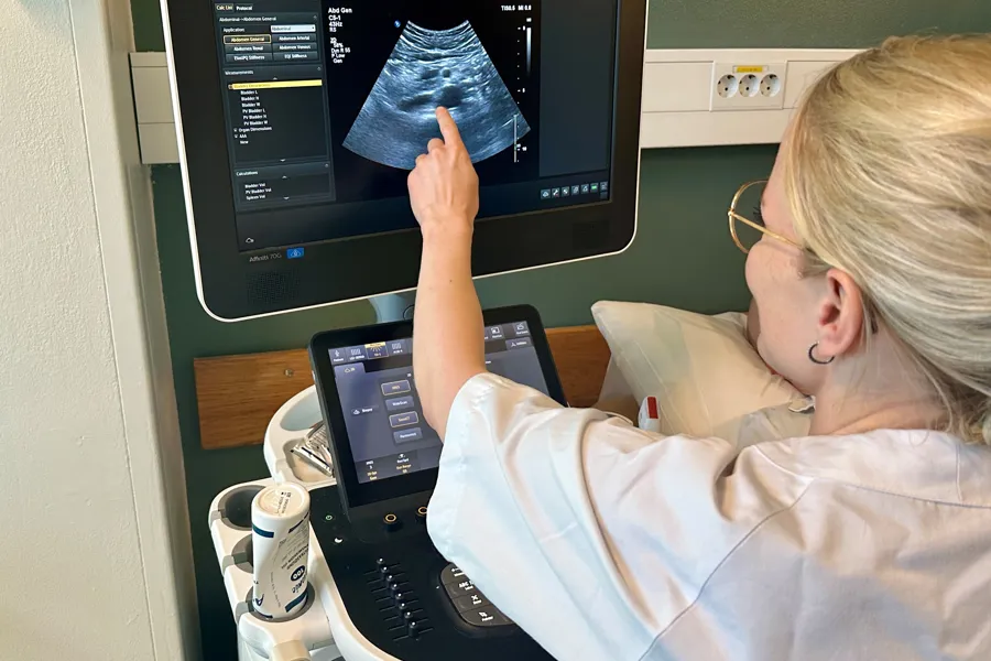 Lege ser på skjerm under ultralyd av aorta.