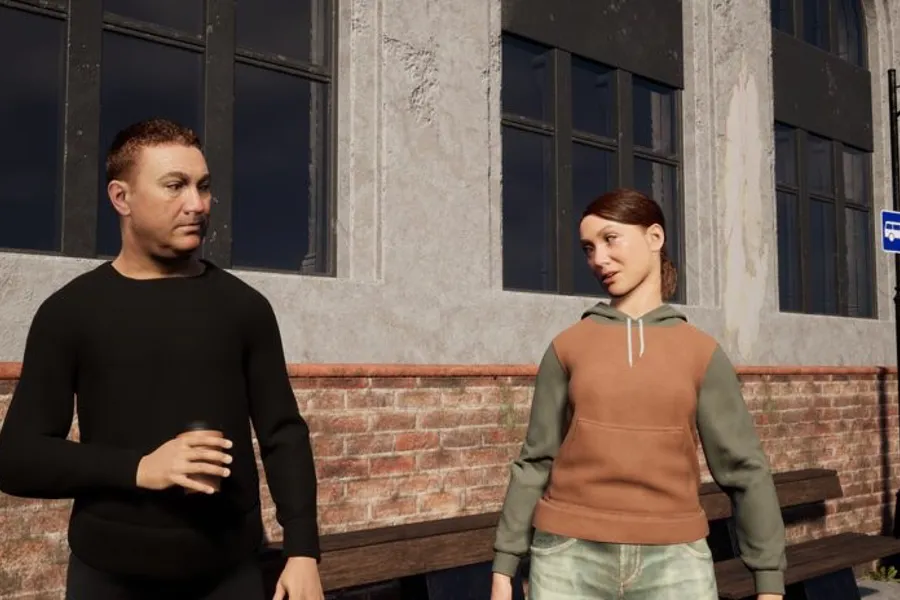 Animert mann og kvinne som står ved siden av hverandre og ser inn i kameraet, illustrasjon fra VR-program.