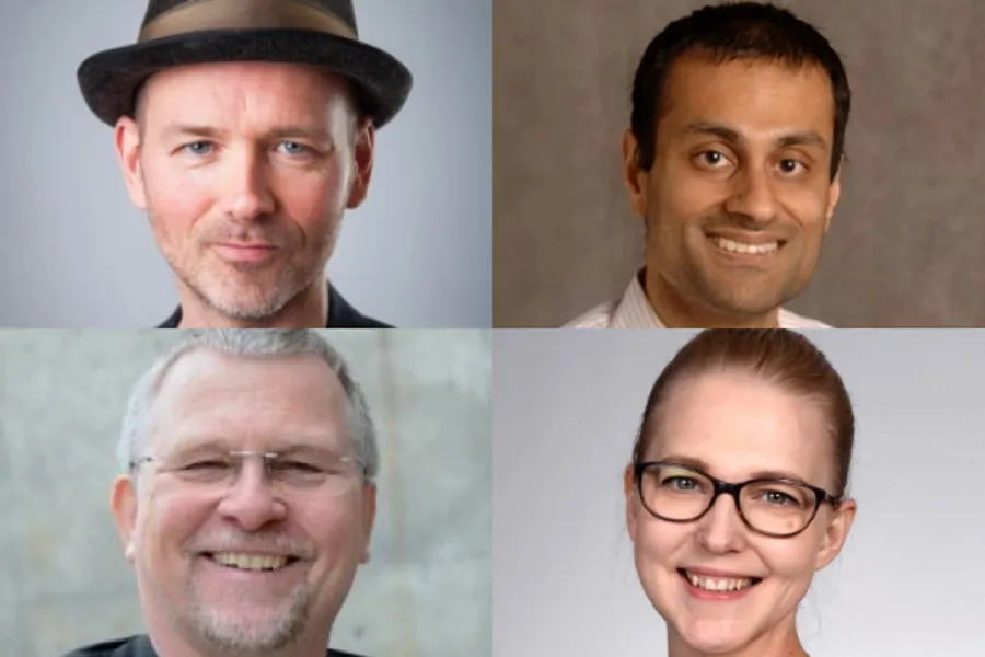 A collage of the four speakers of the conference. From top left to bottom right: Pehr Granqvist, Neil Krishan Aggarwal, Jan-Olav Henriksen and Suvi-Maria Saarelainen