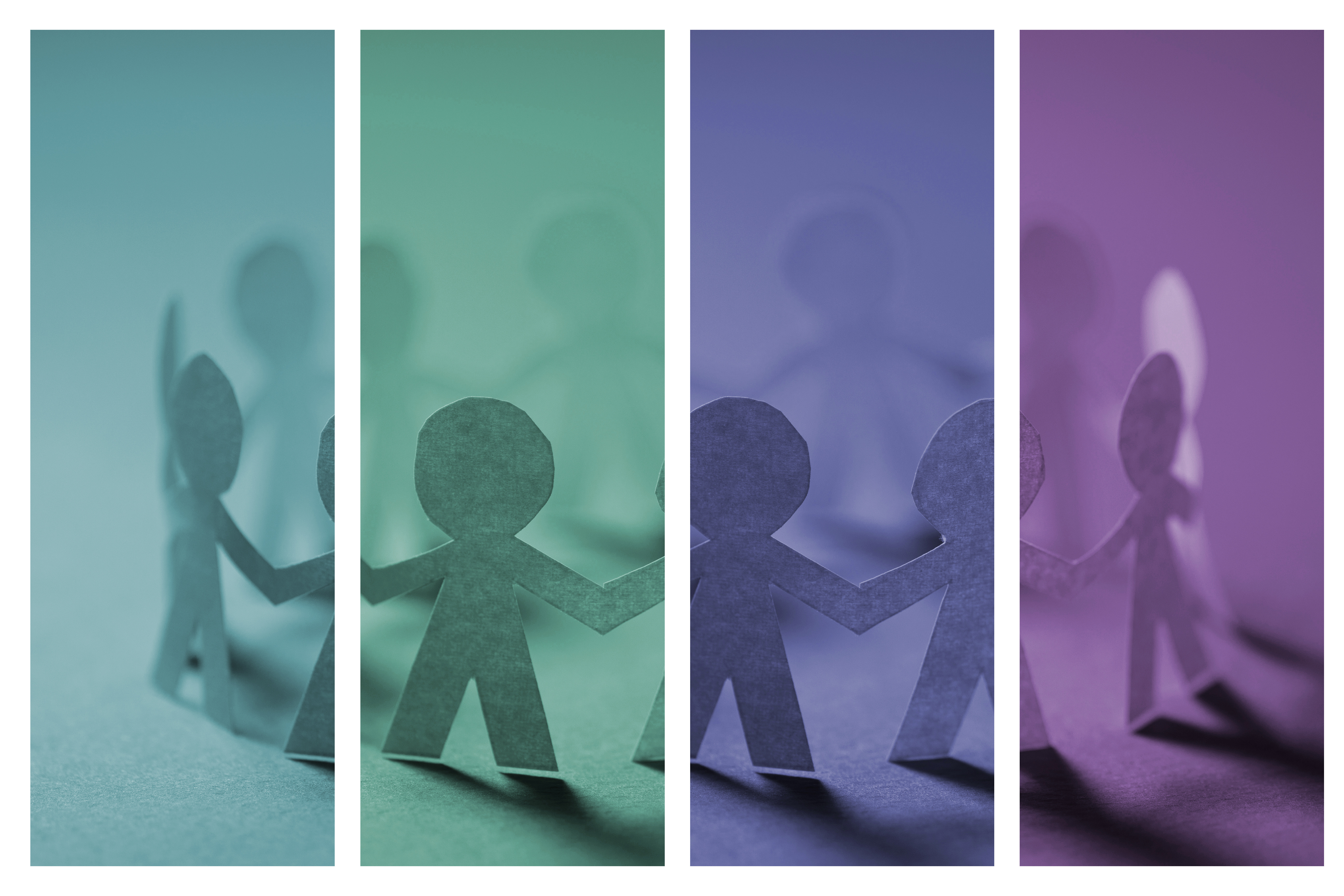 Figurer i ulike soner holder hverandre i hendende, illustrasjonsbilde