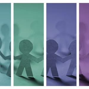 Figurer i ulike soner holder hverandre i hendende, illustrasjonsbilde