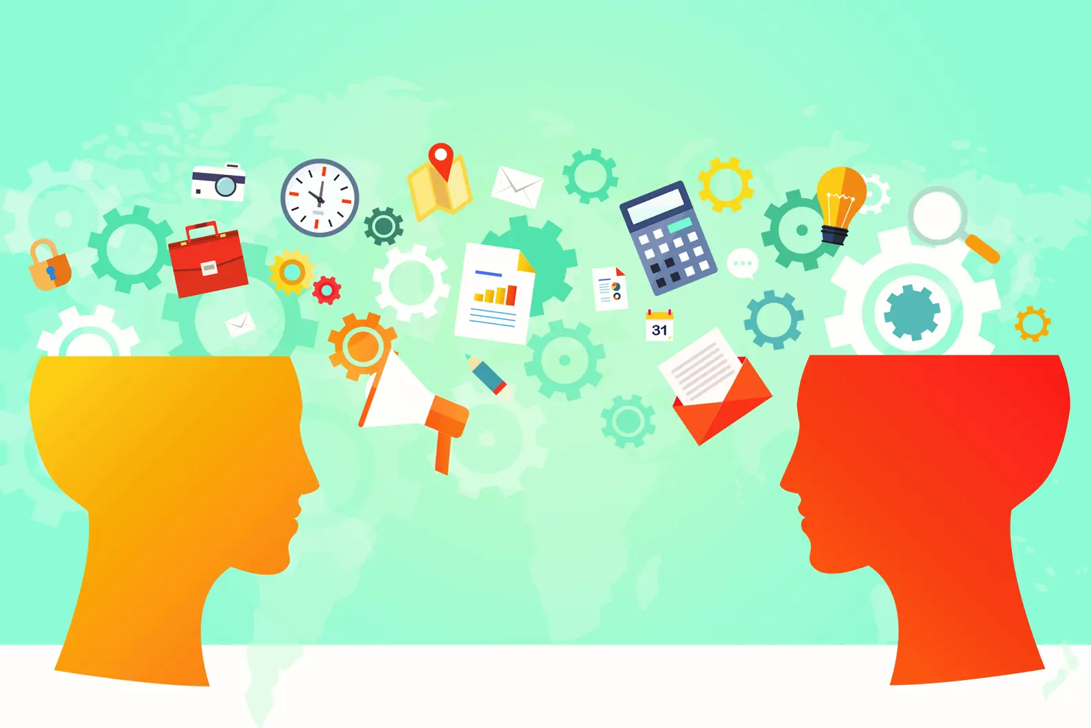 To mennesker i profil med mange tanker og ideer i hodet, illustrasjon.