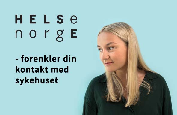 En kvinne med blondt hår og tekstplakat med referanse til helsenorge.no.