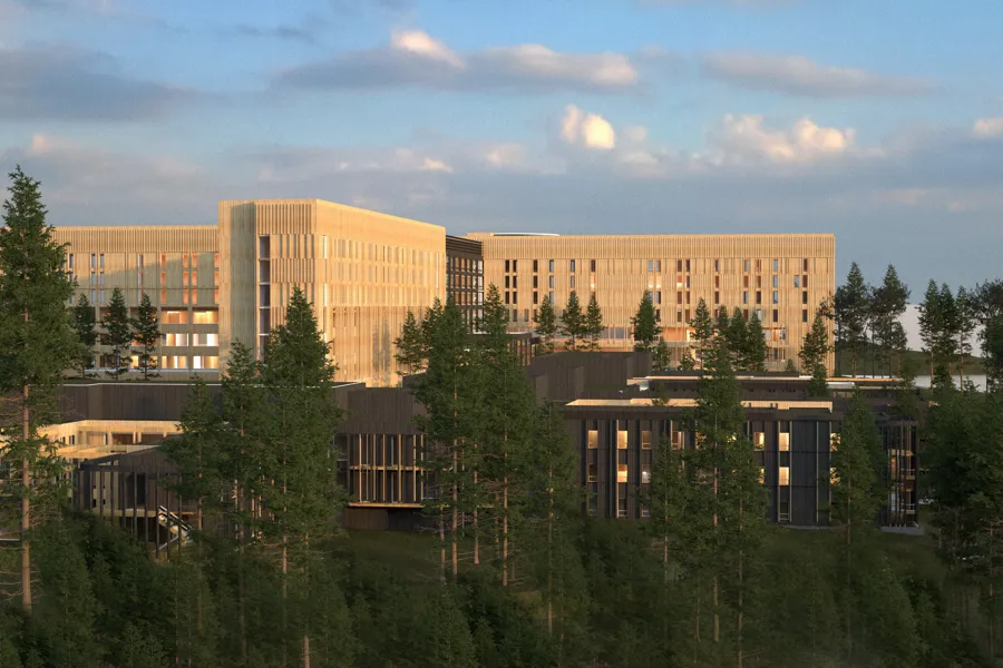 Skisse av Mjøssykehuset med trær foran seg