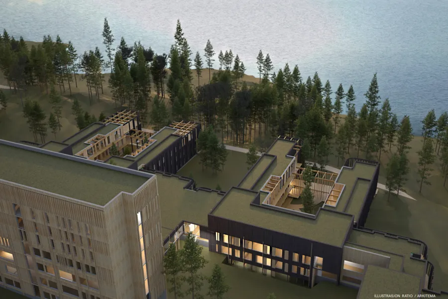 Oversikt over Mjøssykehuset med Mjøsa i bakgrunnen, skisse