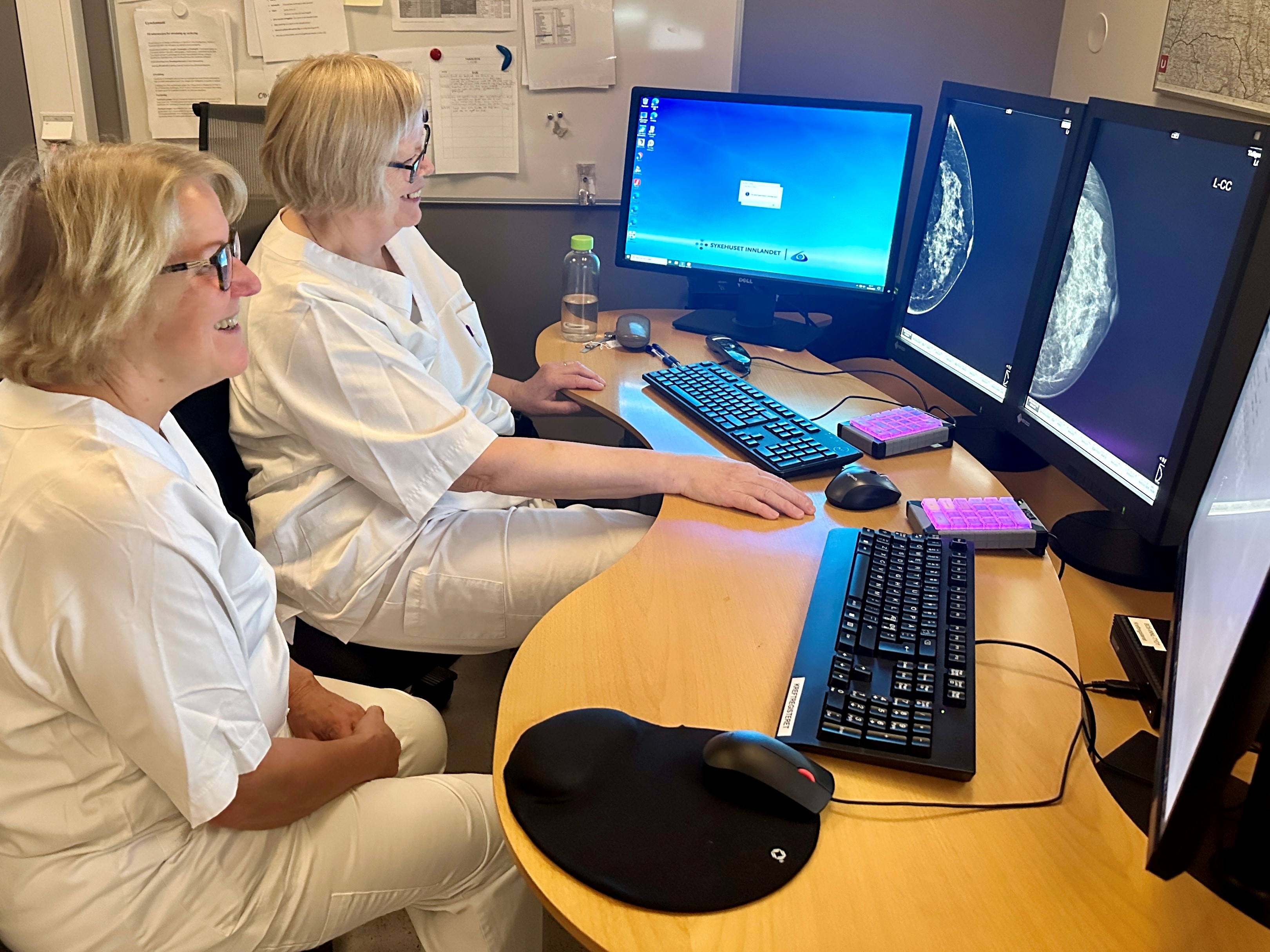 Kvinner som sitter ved et skrivebord med datamaskiner